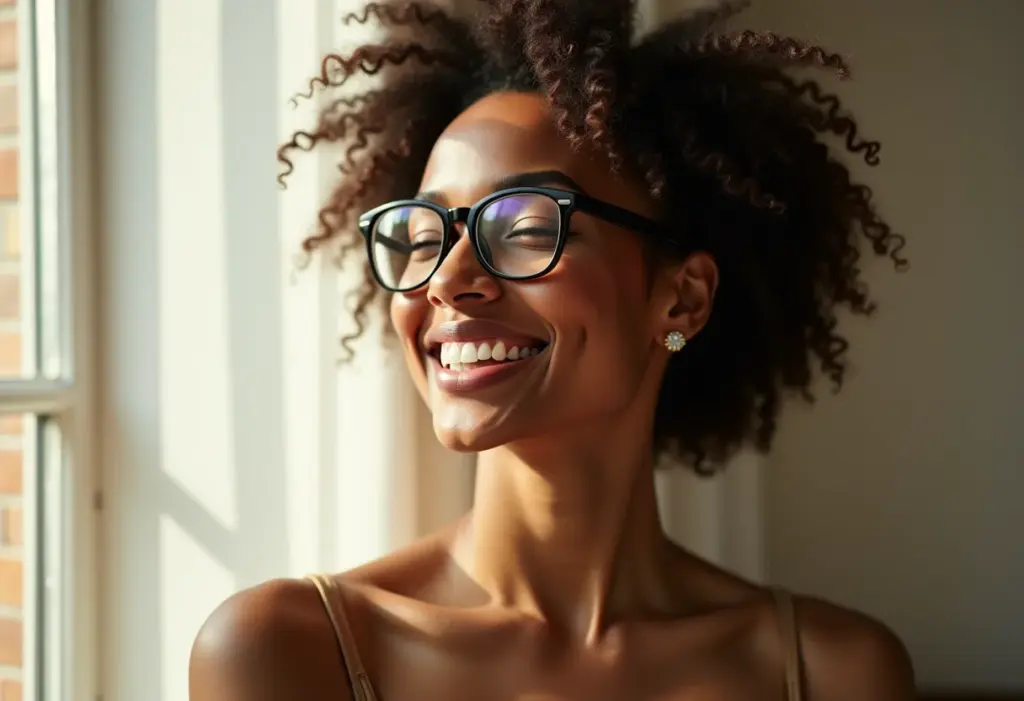 Mulher sorrindo com óculos e penteado estiloso