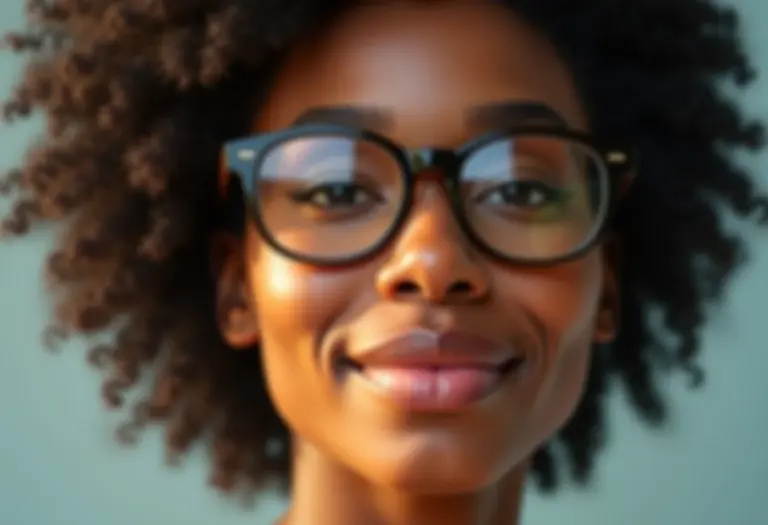 Mulher sorrindo com óculos e penteado moderno