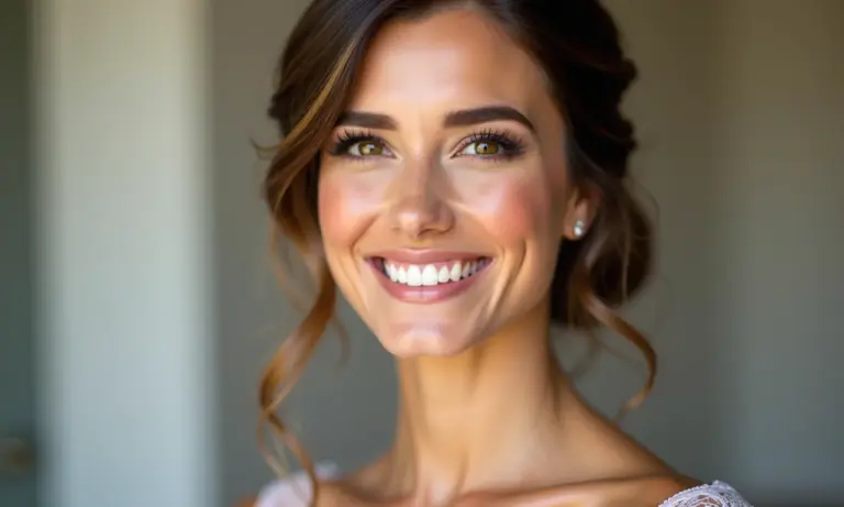 Mulher sorrindo com penteado elegante para casamento em cabelo médio.