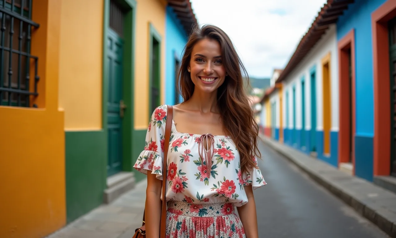 Mulher sorrindo com saia midi e blusa ciganinha floral em rua colorida do Rio de Janeiro.