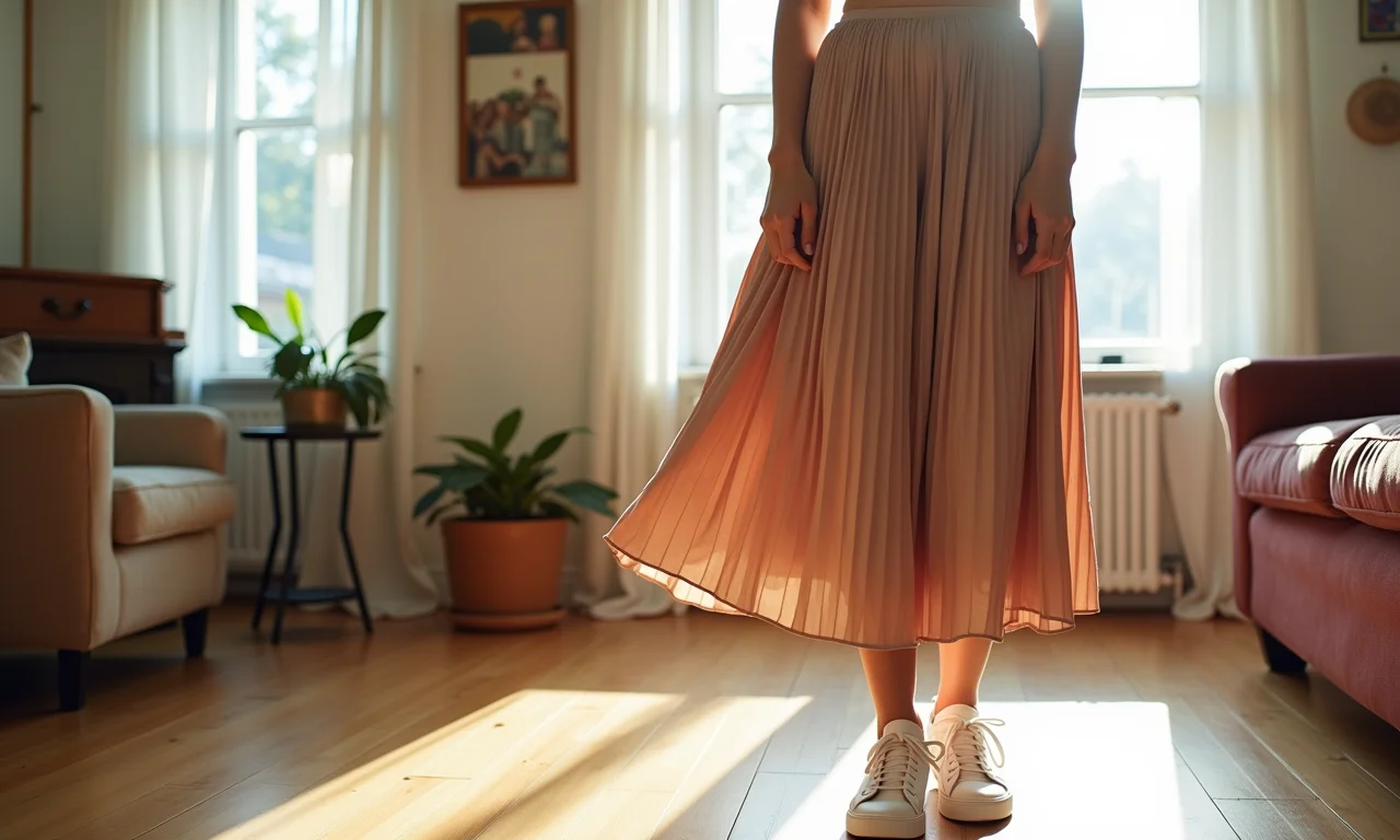 Mulher sorrindo com saia midi e tênis branco em apartamento estiloso.