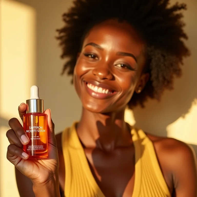 Mulher sorrindo com sérum de açafrão