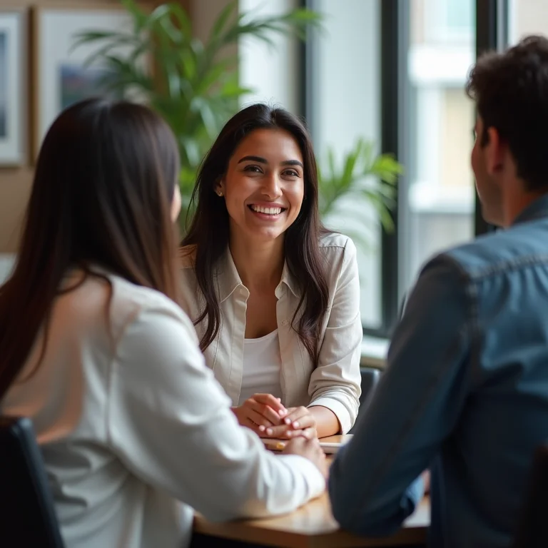 Mulher sorrindo durante reunião de equipe no trabalho.