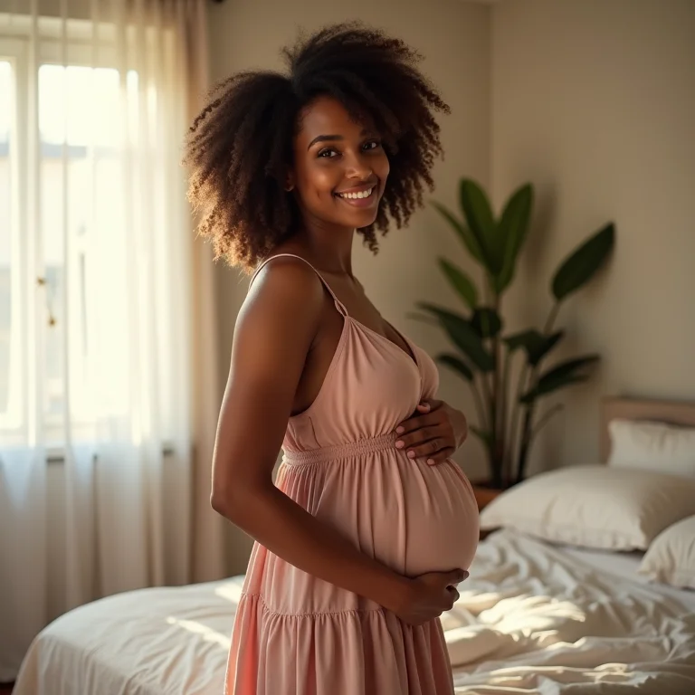 Mulher sorrindo e acariciando a barriga, representando hormônios e fertilidade