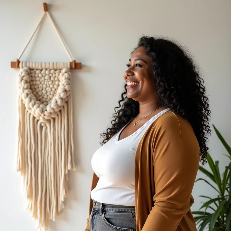 Mulher sorrindo e admirando seu painel de macramê