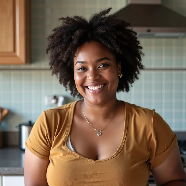 Mulher sorrindo em cozinha com ladrilhos e rejuntes impecáveis