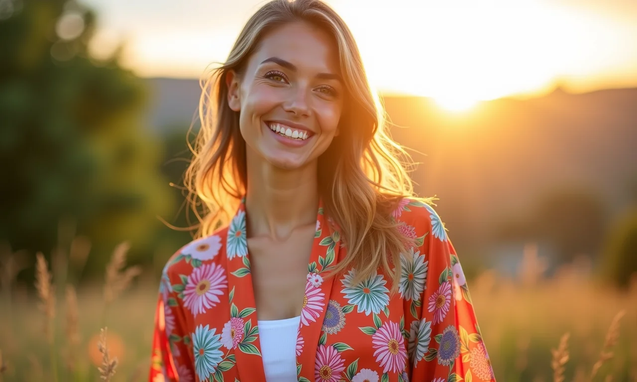 Mulher sorrindo em dia ensolarado, vestindo quimono estampado com cores vibrantes.