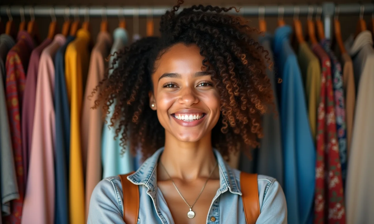 Mulher sorrindo em frente ao guarda-roupa colorido, expressando autenticidade através da moda.