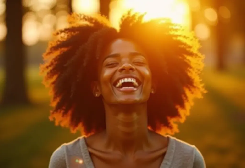 Mulher sorrindo em meio à natureza, capturando a felicidade de um momento.