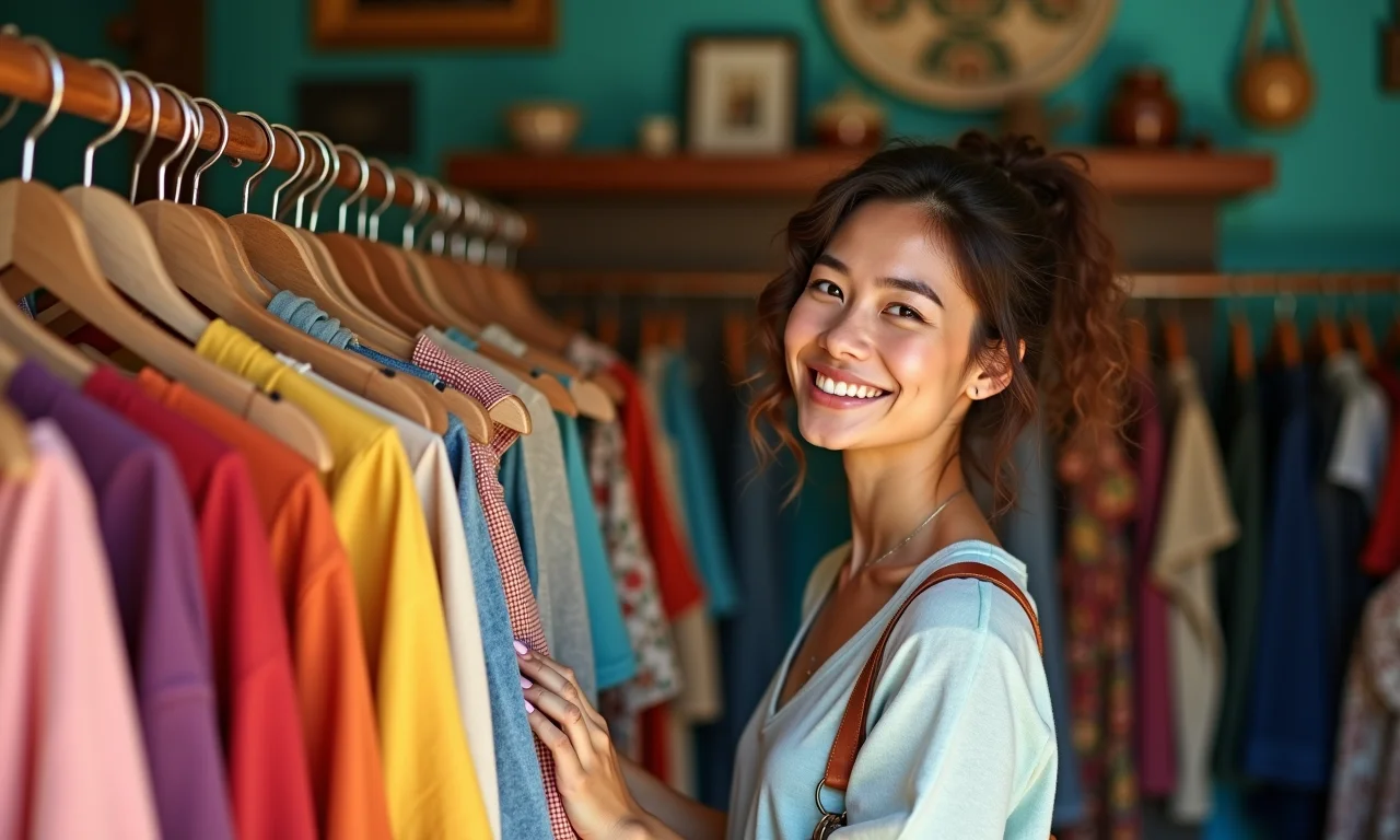 Mulher sorrindo em um brechó brasileiro, escolhendo roupas vintage.
