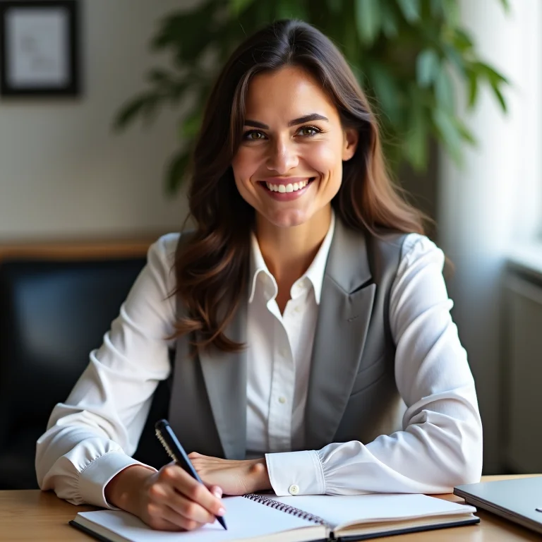 Mulher sorrindo enquanto anota em um caderno