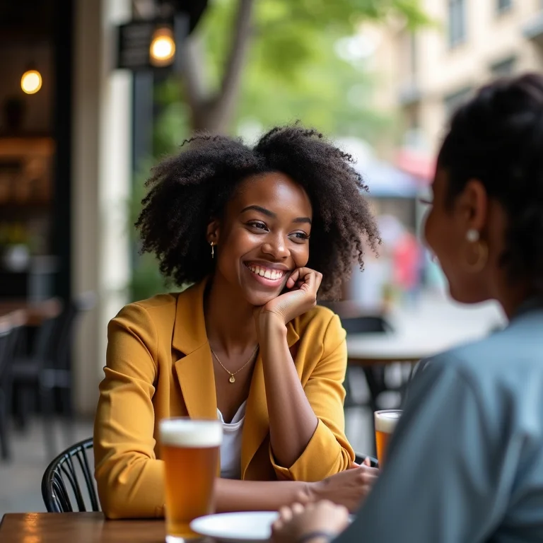 Mulher sorrindo enquanto conversa com amiga em café.