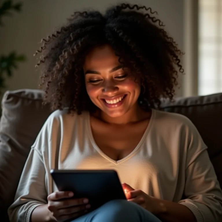 Mulher sorrindo enquanto organiza retratos de pessoas queridas em um tablet.