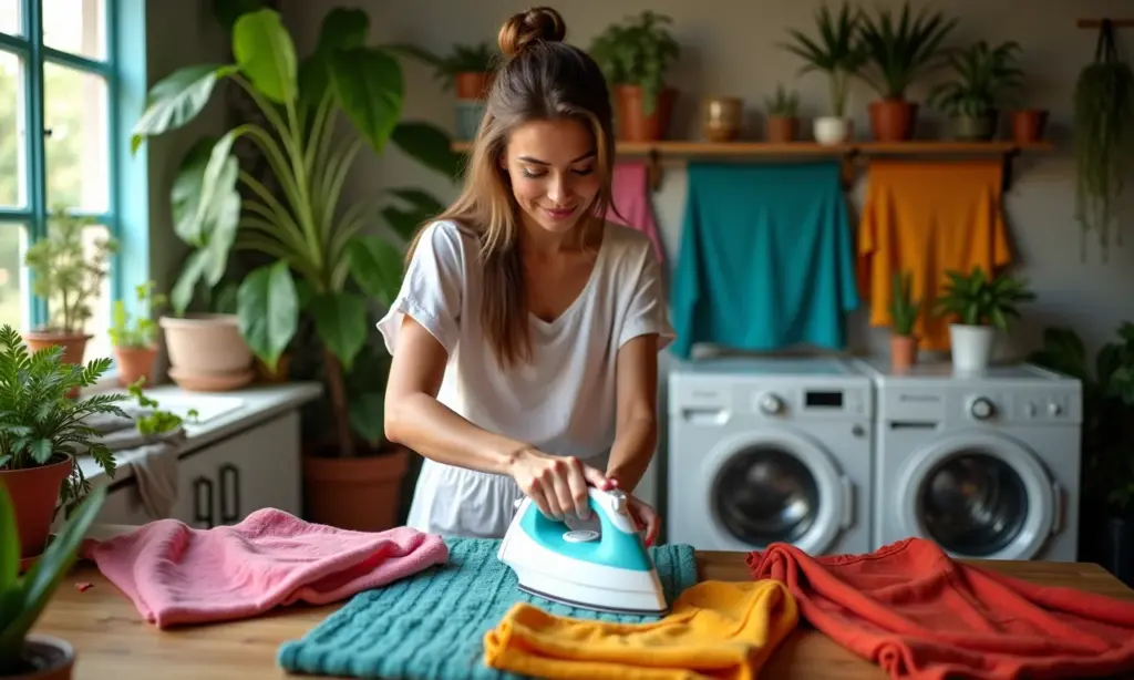 Chega de Sofrer: Dicas e Truques para Passar Roupa Muito Mais Rápido! Mulher sorrindo enquanto passa roupa em lavanderia colorida.