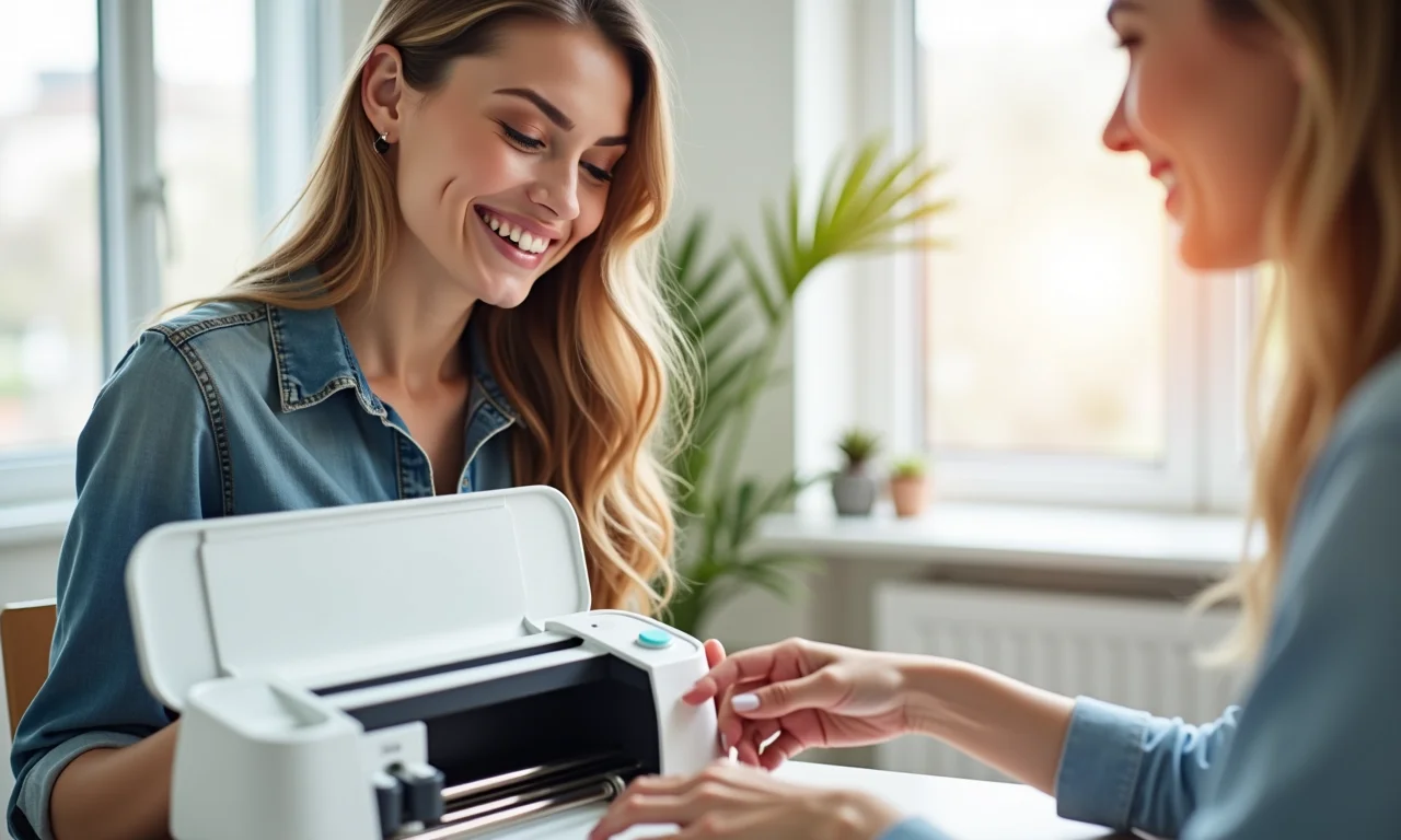 Mulher sorrindo enquanto usa uma máquina Cricut, ideal para iniciantes.