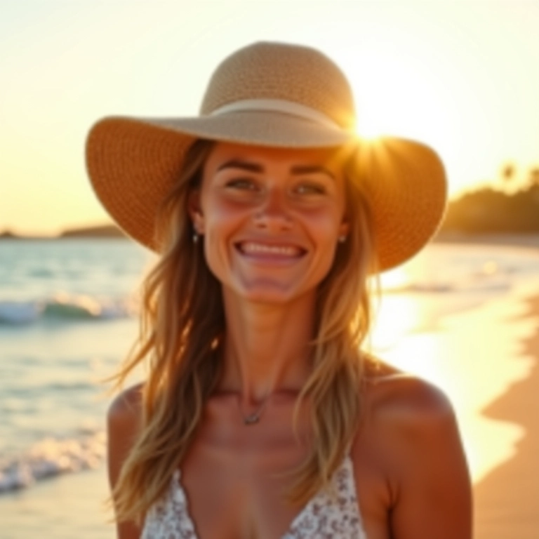 Mulher sorrindo na praia com chapéu de sol estiloso de aba larga.