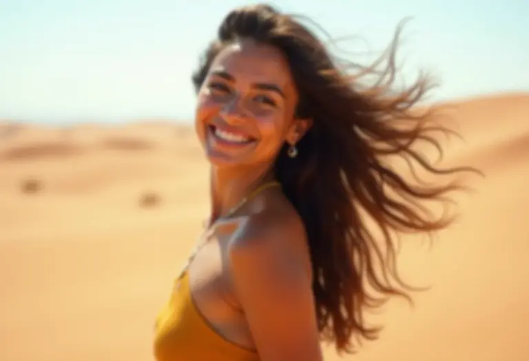 Mulher sorrindo no deserto do Egito ao pôr do sol