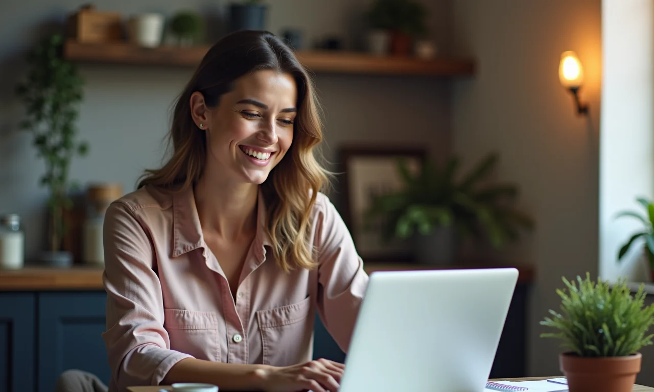 Mulher sorrindo, olhando para a tela de um laptop com materiais de curso, enfatizando a acessibilidade.