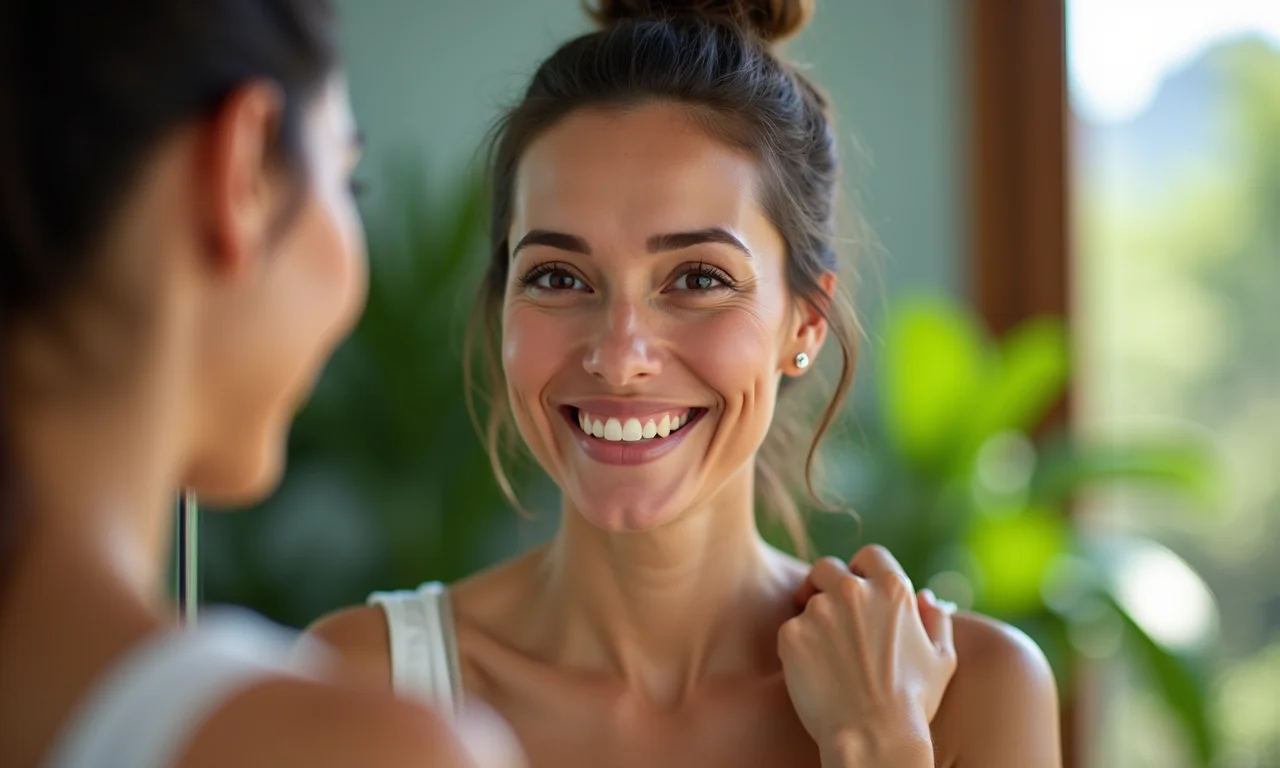 Mulher sorrindo para o espelho, celebrando sua beleza madura e natural.