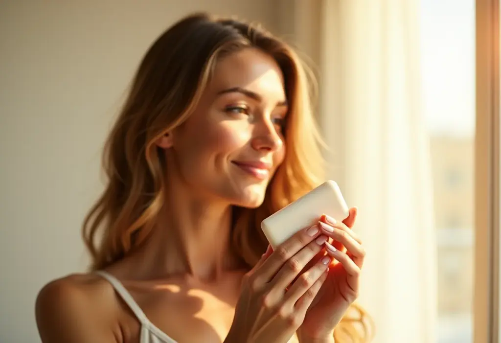 Condicionador sólido: a revolução capilar que você precisa conhecer Mulher sorrindo segurando condicionador sólido, cabelo saudável.