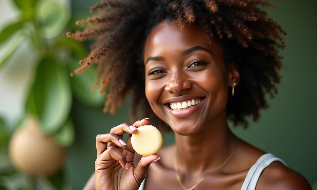 Mulher sorrindo segurando shampoo sólido, enfatizando a redução de plástico.