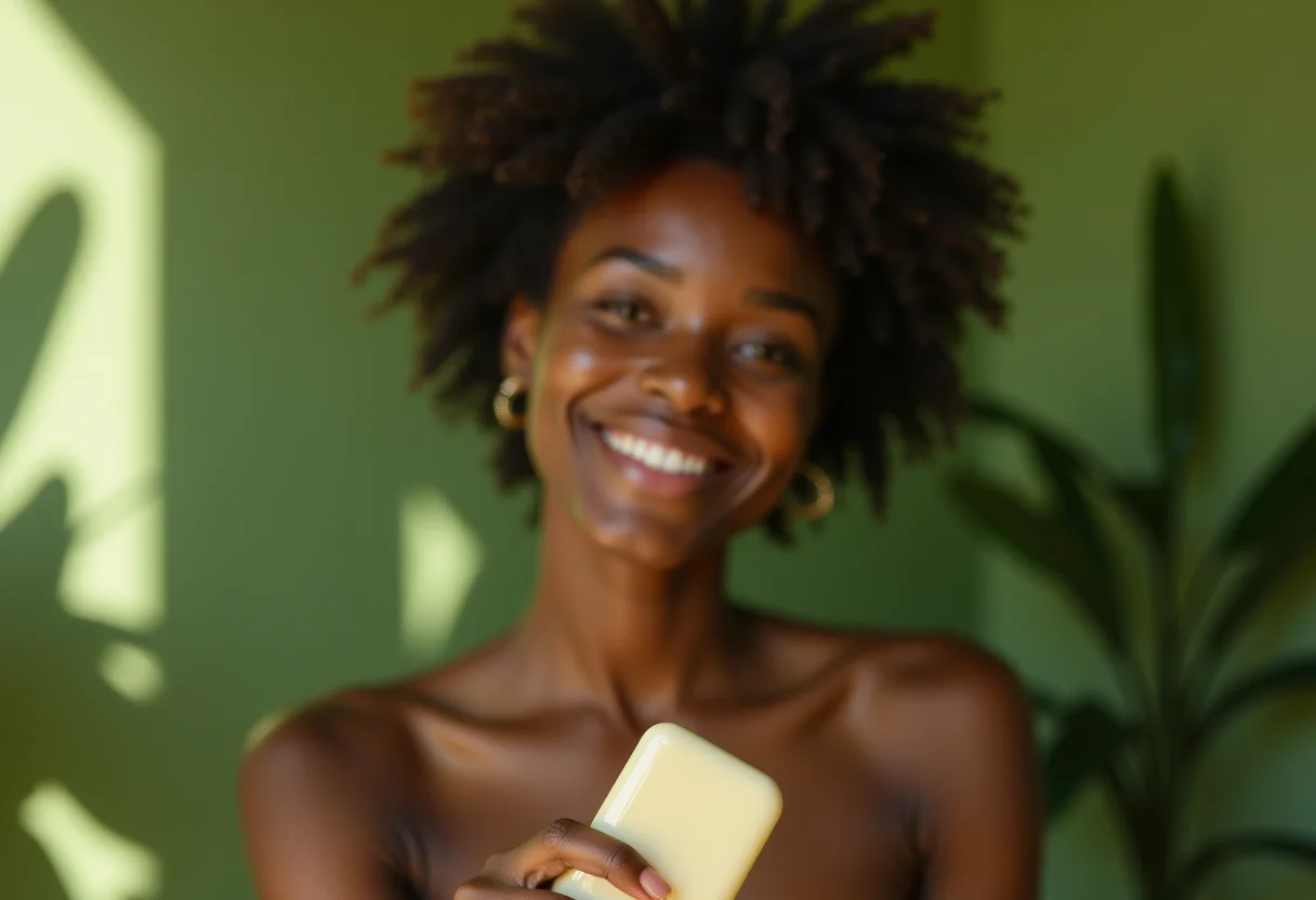 Mulher sorrindo segurando shampoo sólido natural
