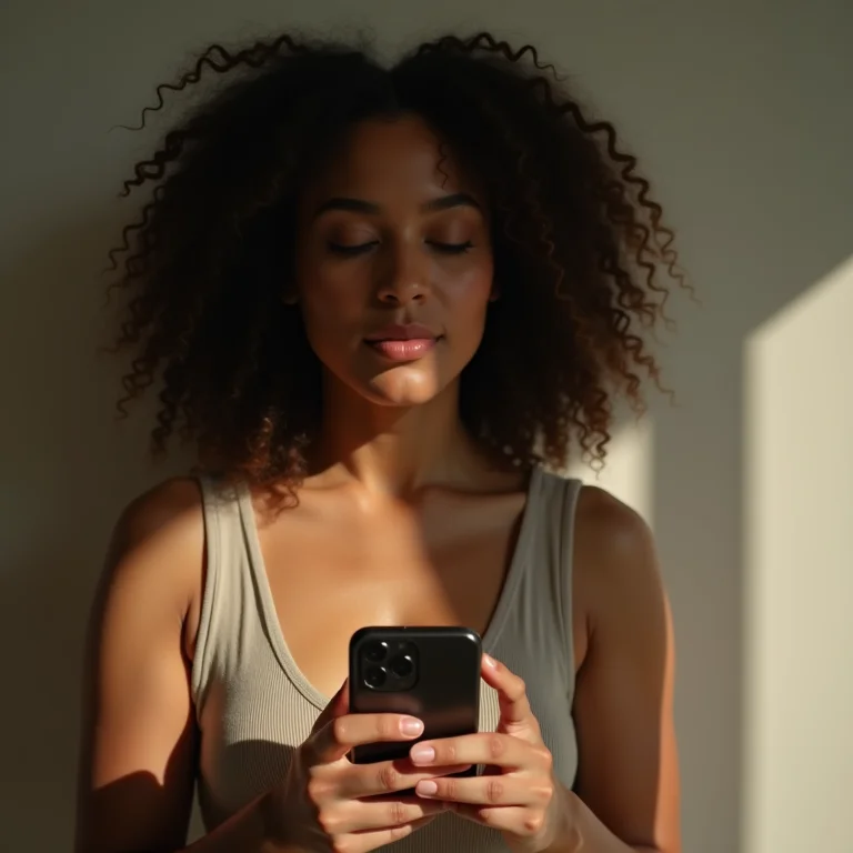 Mulher sorrindo segurando um celular.