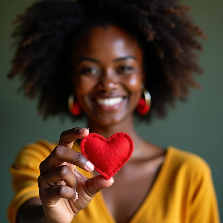 Mulher sorrindo segurando um chaveiro de feltro em forma de coração.