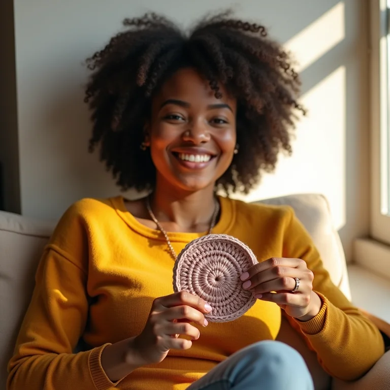 Mulher sorrindo segurando um projeto de crochê finalizado.