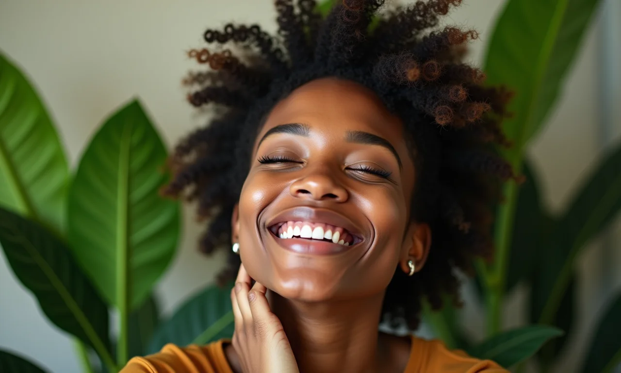 Mulher sorrindo serenamente, cercada por plantas brasileiras, refletindo bem-estar emocional.