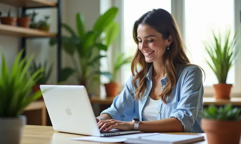 Mulher sorrindo trabalha em home office iluminado e decorado com plantas e cores vibrantes.