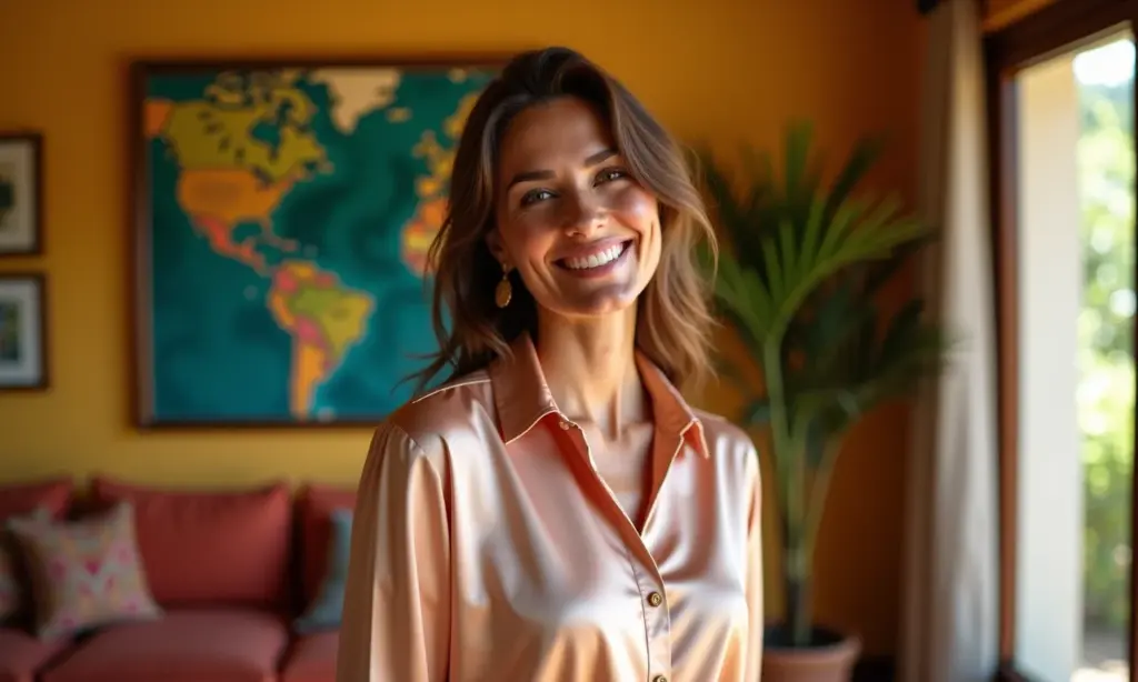 Mulher sorrindo usando blusa de seda em sala decorada com estilo brasileiro.