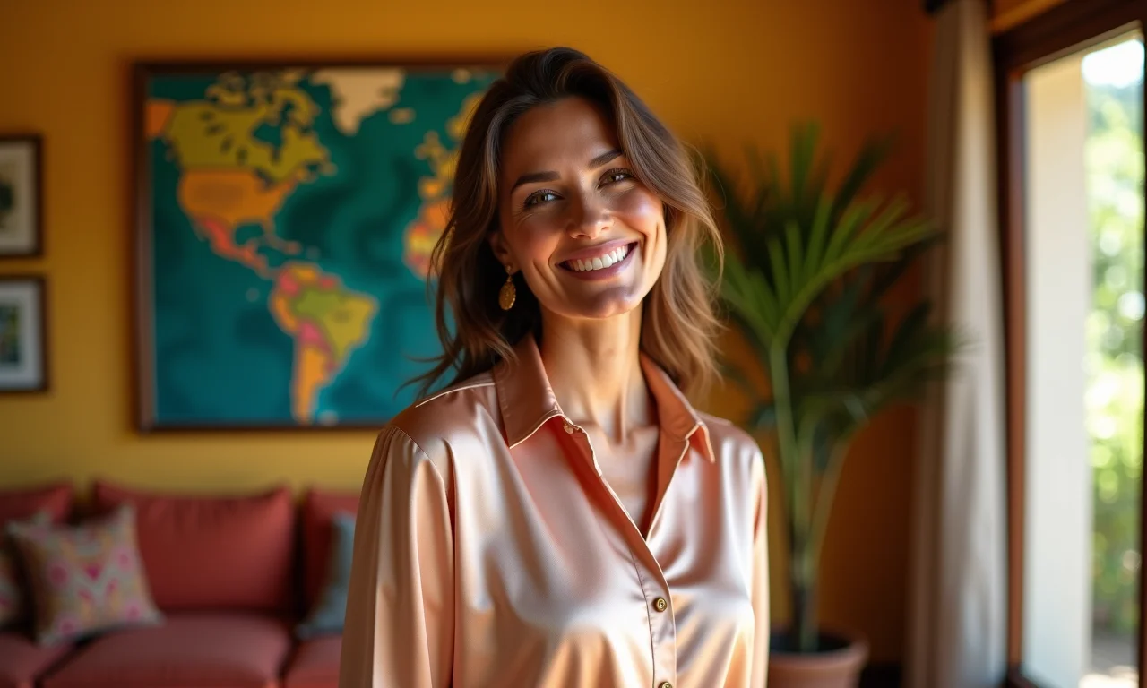 Mulher sorrindo usando blusa de seda em sala decorada com estilo brasileiro.