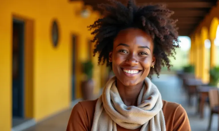 Mulher sorrindo usando cachecol estiloso em ambiente brasileiro vibrante.