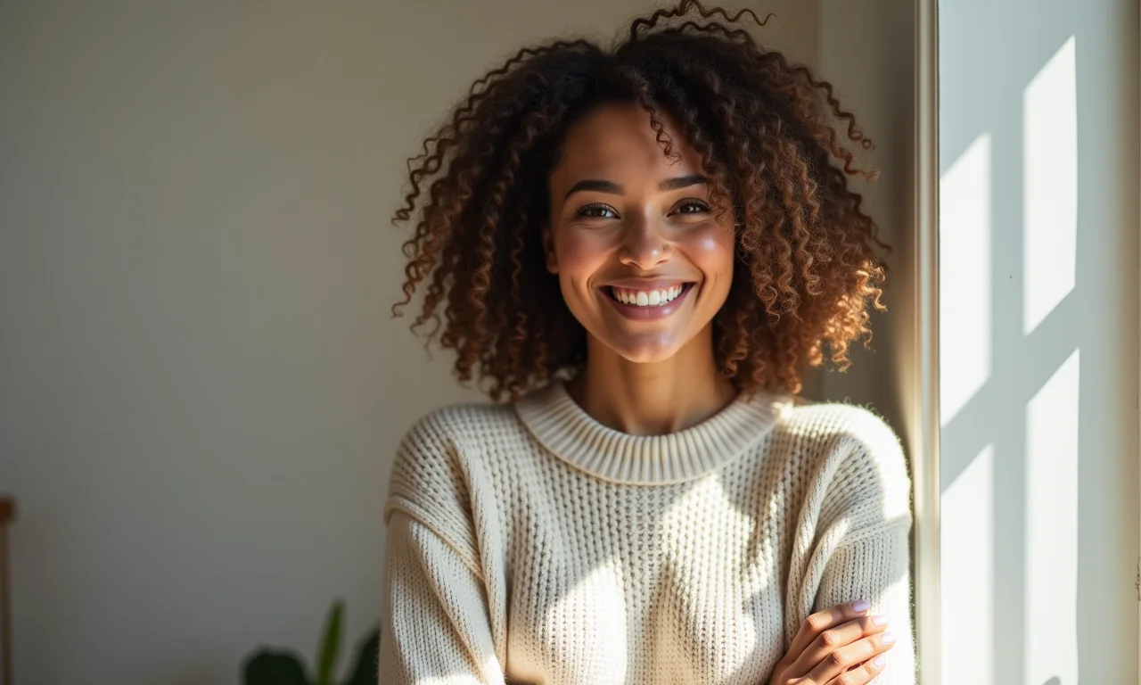Mulher sorrindo usando suéter de tricô leve em look confortável.