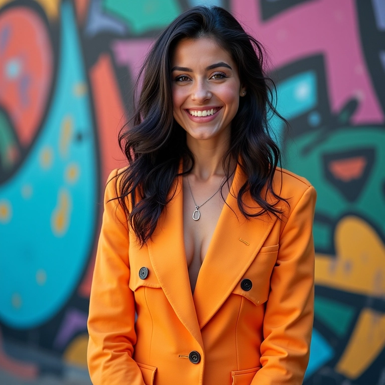 Mulher sorrindo usando um terninho colorido em frente a um muro de grafite.