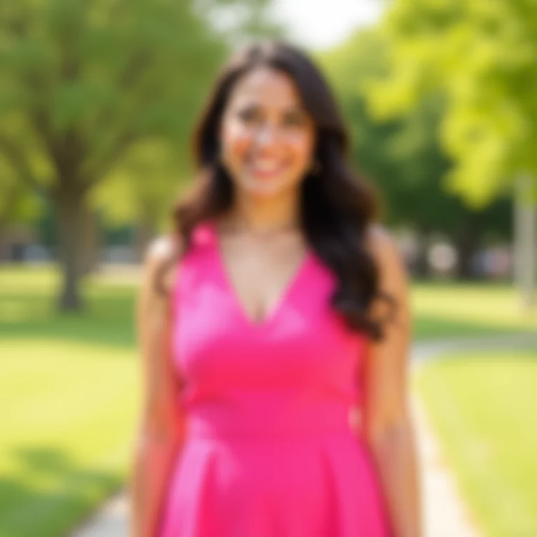 Mulher sorrindo vestindo um vestido rosa vibrante em um parque ensolarado
