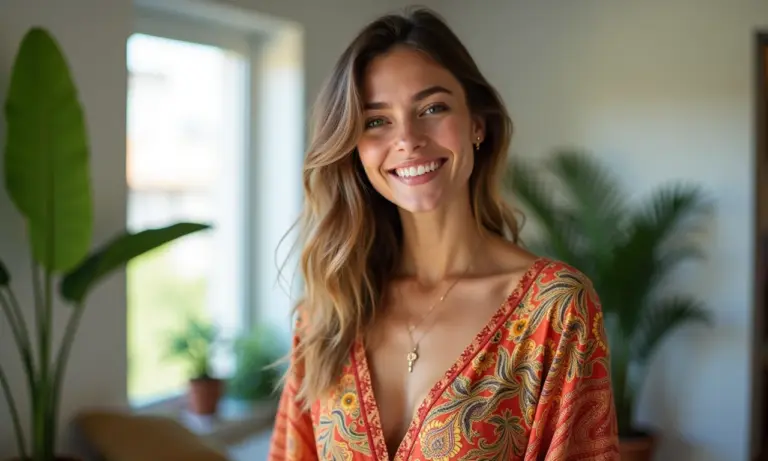 Mulher sorrindo vestindo vestido estampado que não precisa passar.