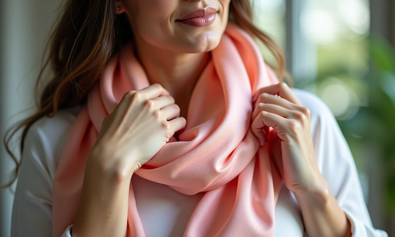 Mulher testando a maciez de um lenço de seda pura com um toque suave.