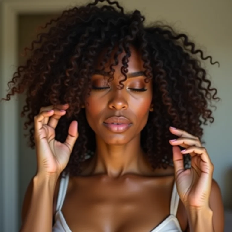 Mulher texturizando cabelo ondulado com os dedos