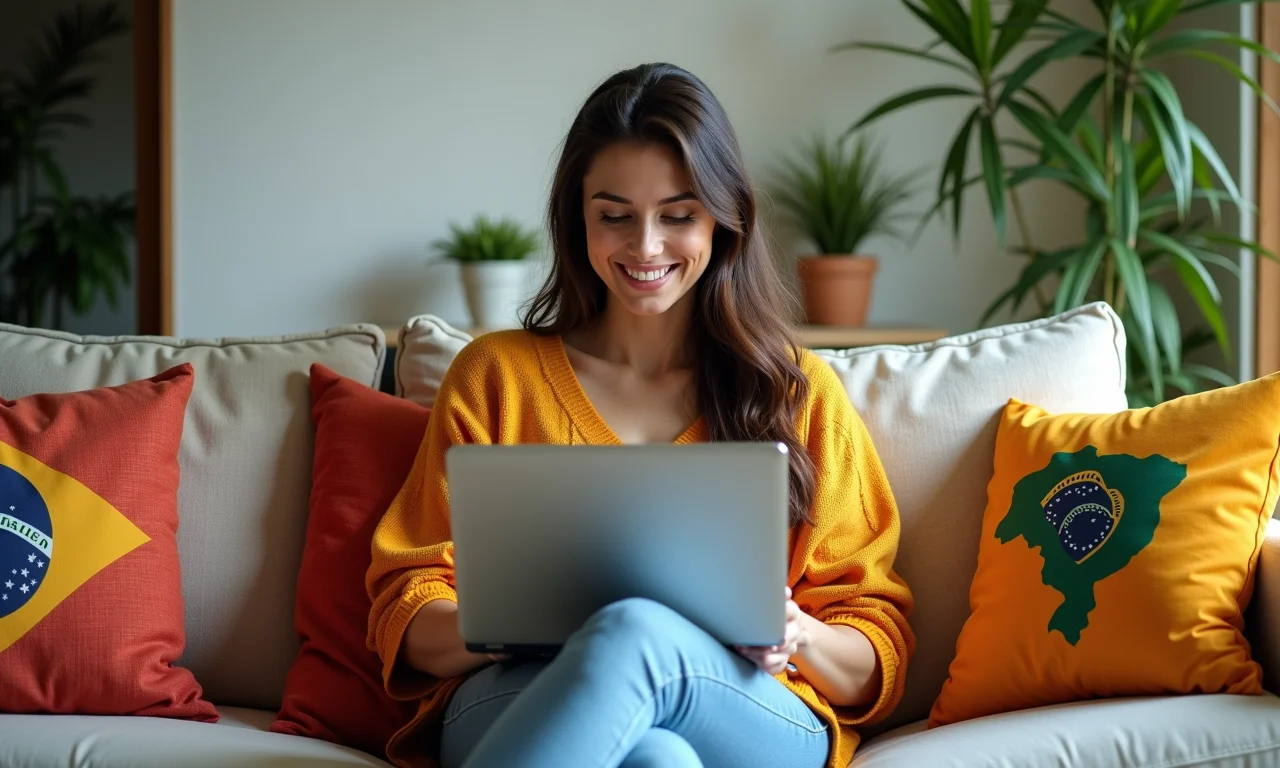 Mulher trabalhando em casa com roupas confortáveis e estilosas.