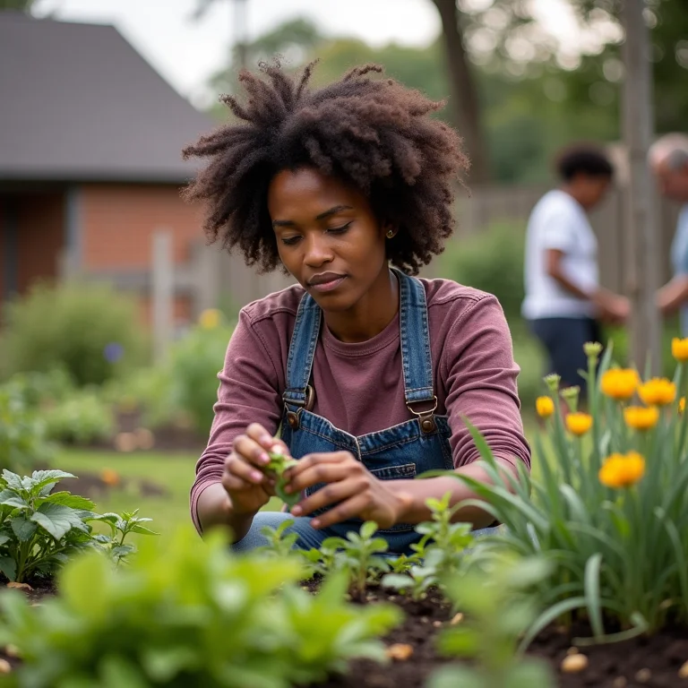 Mulher trabalhando voluntariamente em horta comunitária