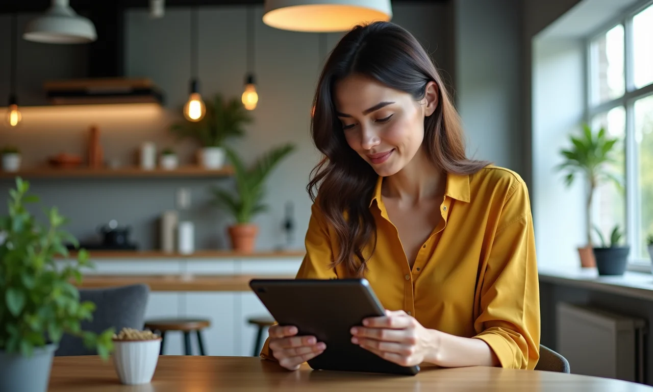 Mulher usando aplicativos de produtividade em um tablet para facilitar a vida.