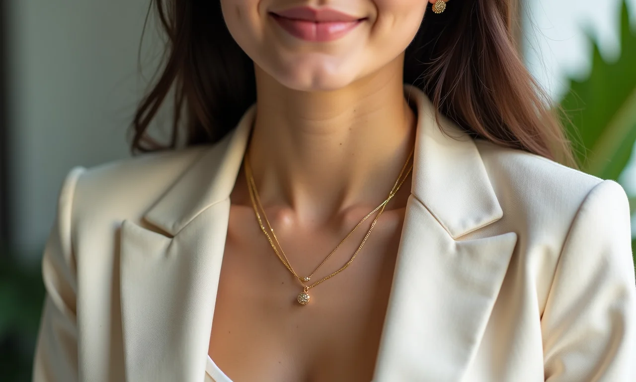 Mulher usando blazer de linho com acessórios minimalistas dourados.