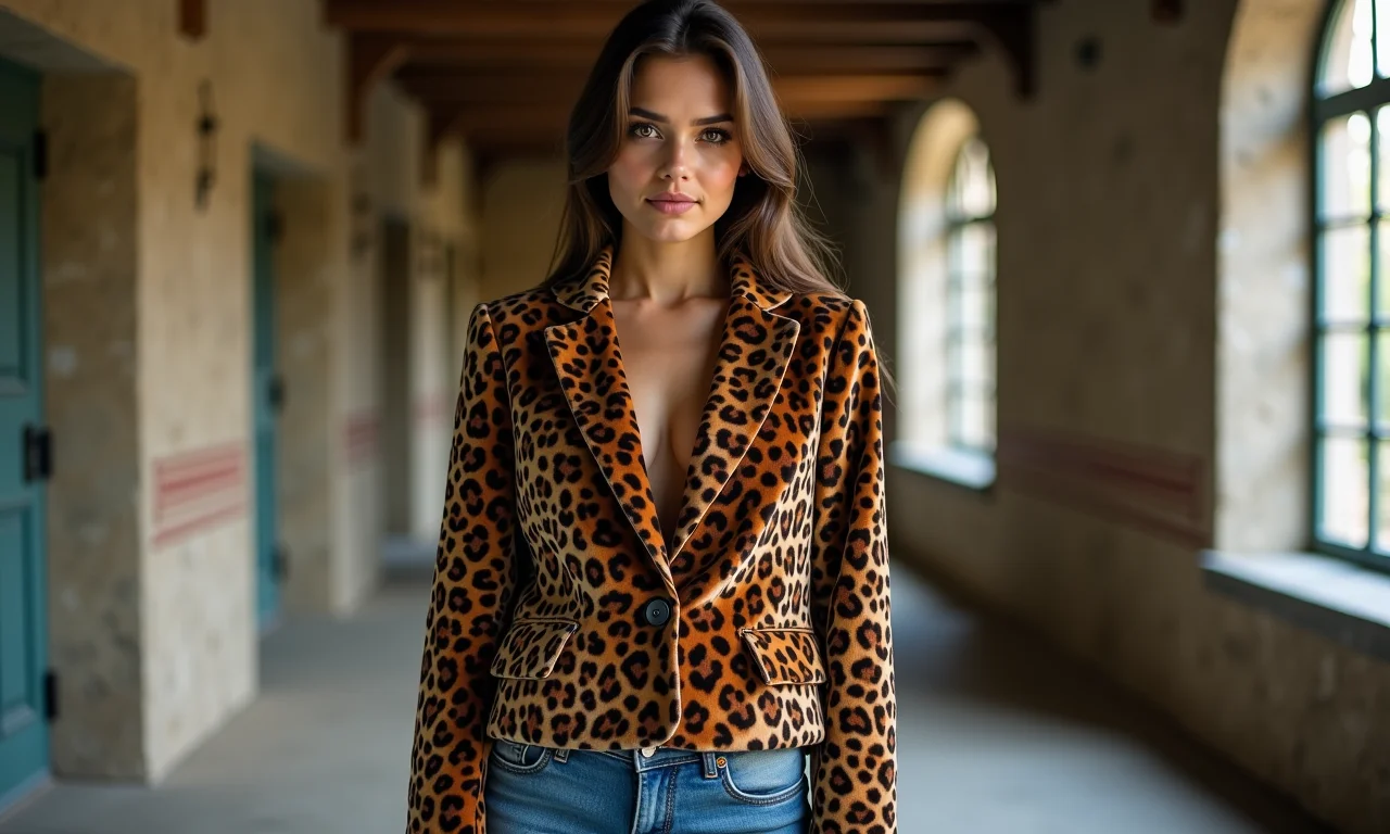 Mulher usando blazer de veludo com estampa de oncinha, combinado com jeans simples, textura em destaque.