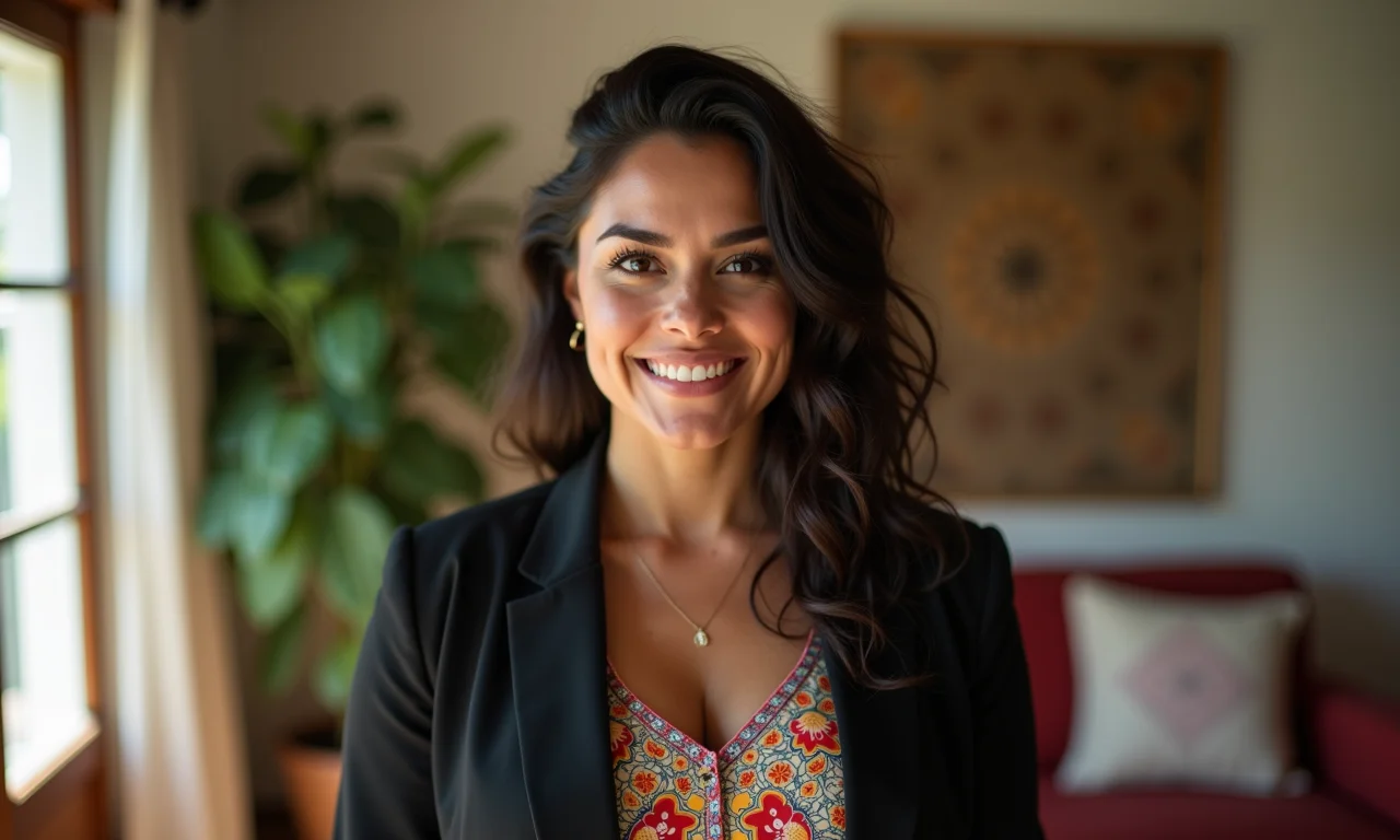 Mulher usando blazer preto como terceira peça em casa.