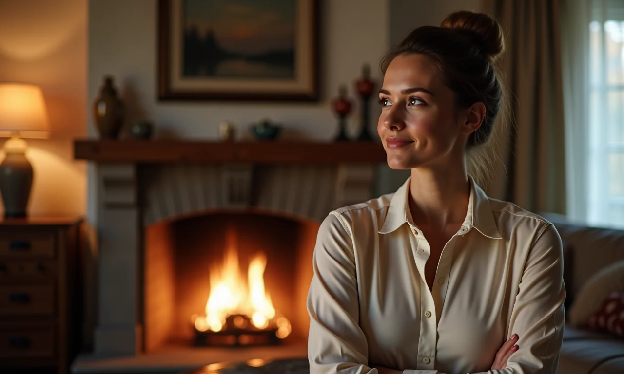Mulher usando blusa de manga longa em uma sala aconchegante com lareira.