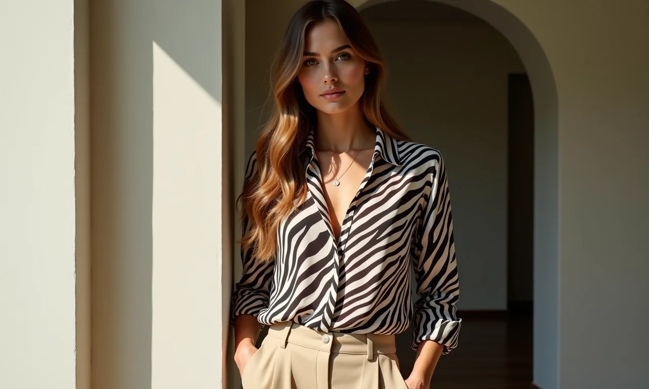 Mulher usando blusa de zebra combinada com calças bege, luz natural, look equilibrado com cores neutras.