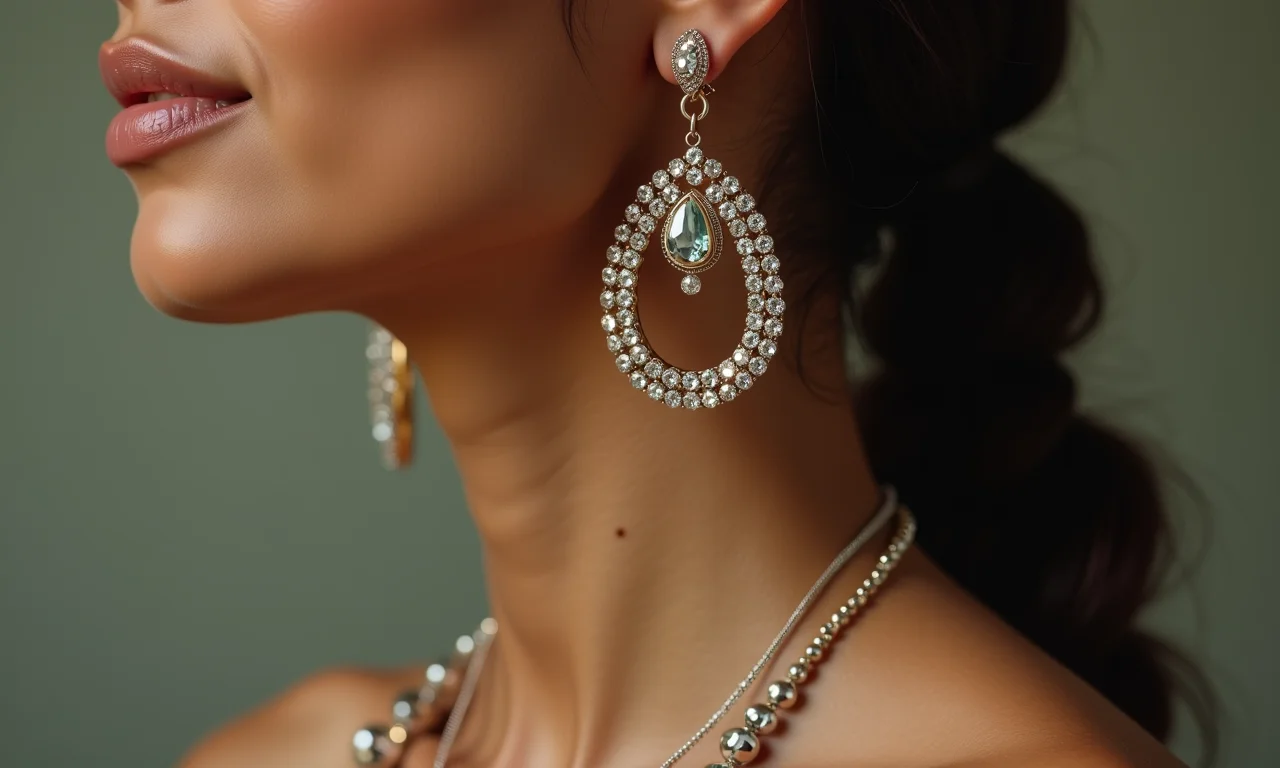 Mulher usando brincos e colar estilosos, close-up nos acessórios.