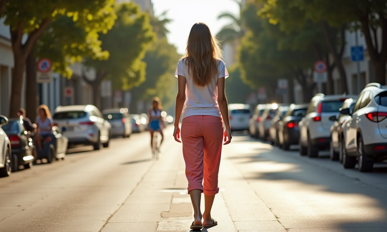 Mulher usando calça capri e sapatilhas andando em uma rua do Rio de Janeiro.